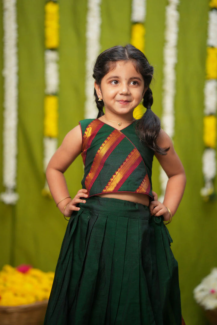 Cavery Green Handlloom Top & Skirt Mini | Made To Order