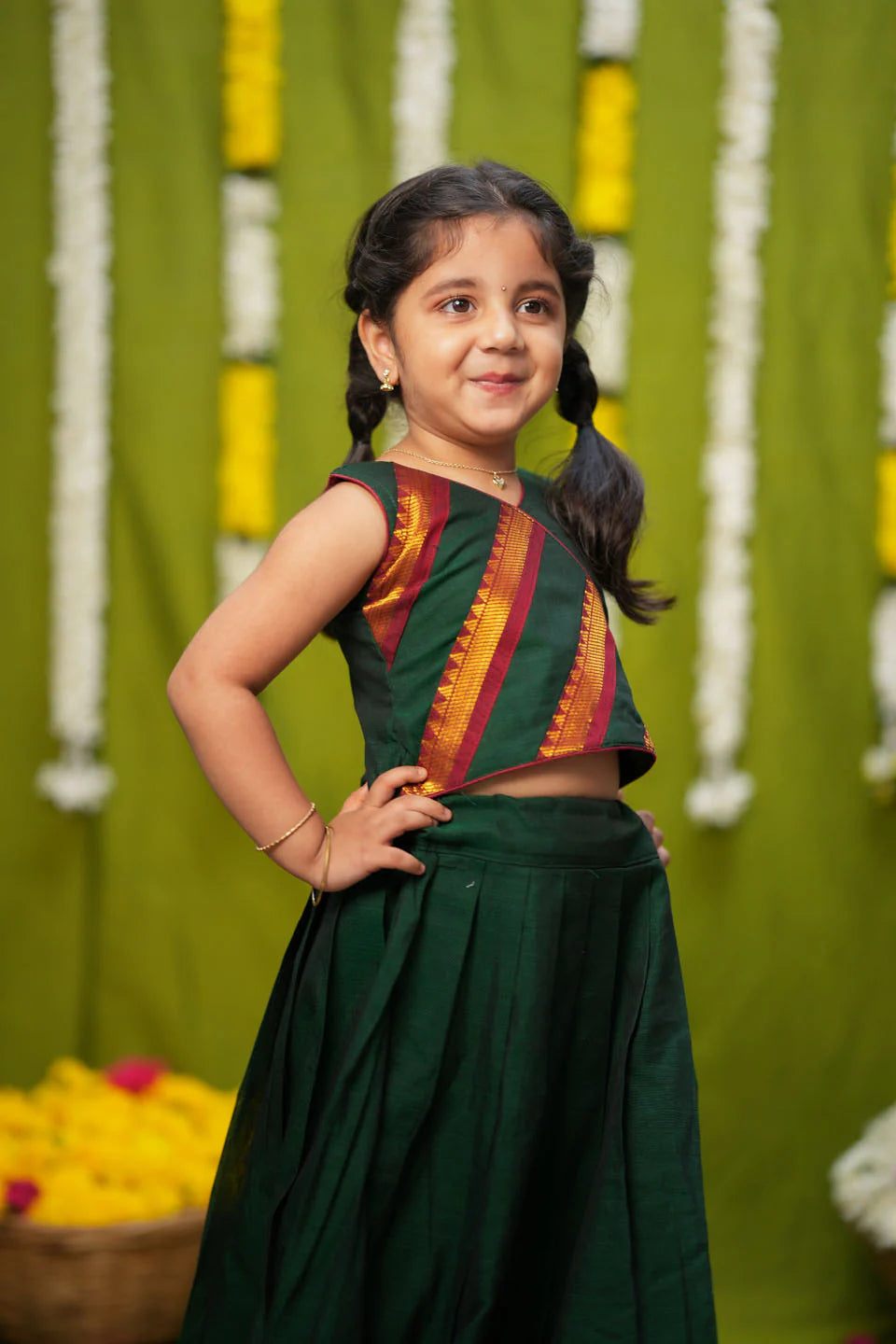 Cavery Green Handlloom Top & Skirt Mini | Made To Order