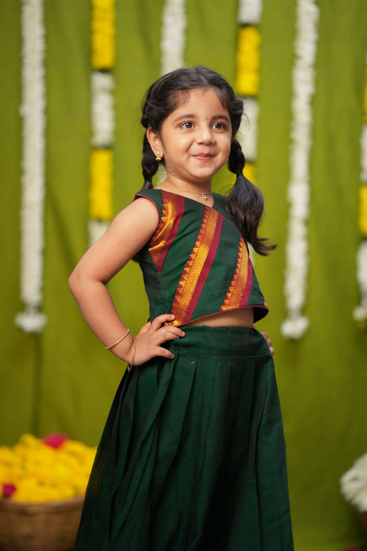 Cavery Green Handlloom Top & Skirt Mini | Made To Order