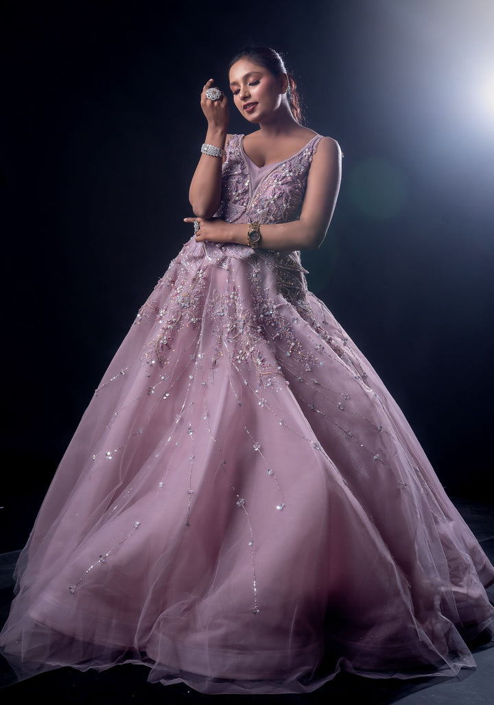 Dusty Rose Pink Gown with embroidery, Customizable, Made to Order