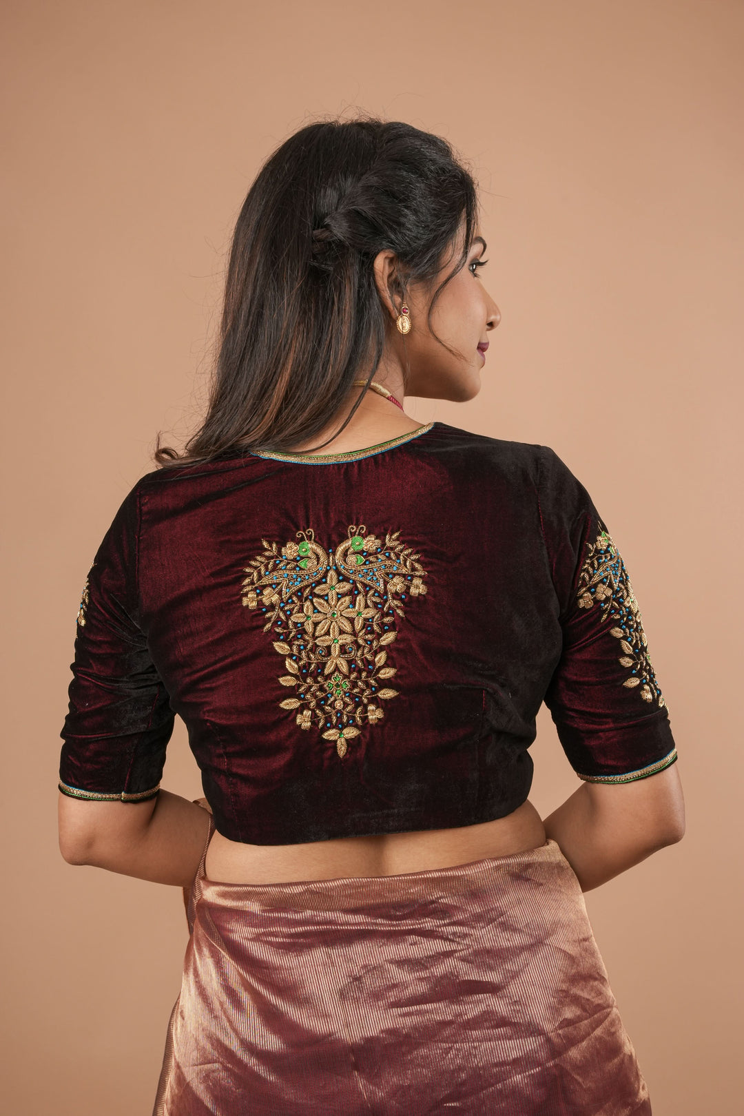 Maroon Velvet Blouse with Zardosi Work, Mix and Match Blouse for