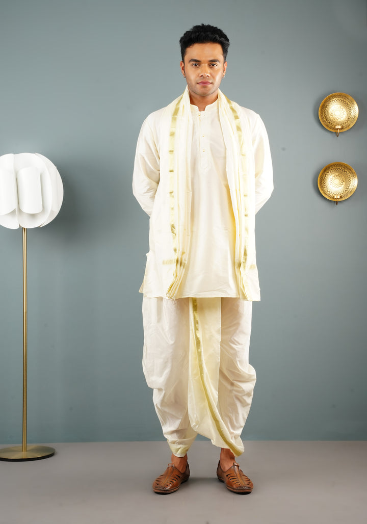 Stitched Dhoti, Short Kurta and Angavastram 3 piece set in Off White