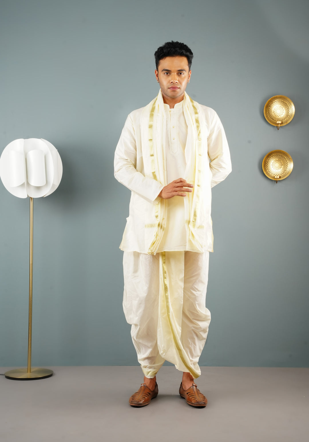 Stitched Dhoti, Short Kurta and Angavastram 3 piece set in Off White