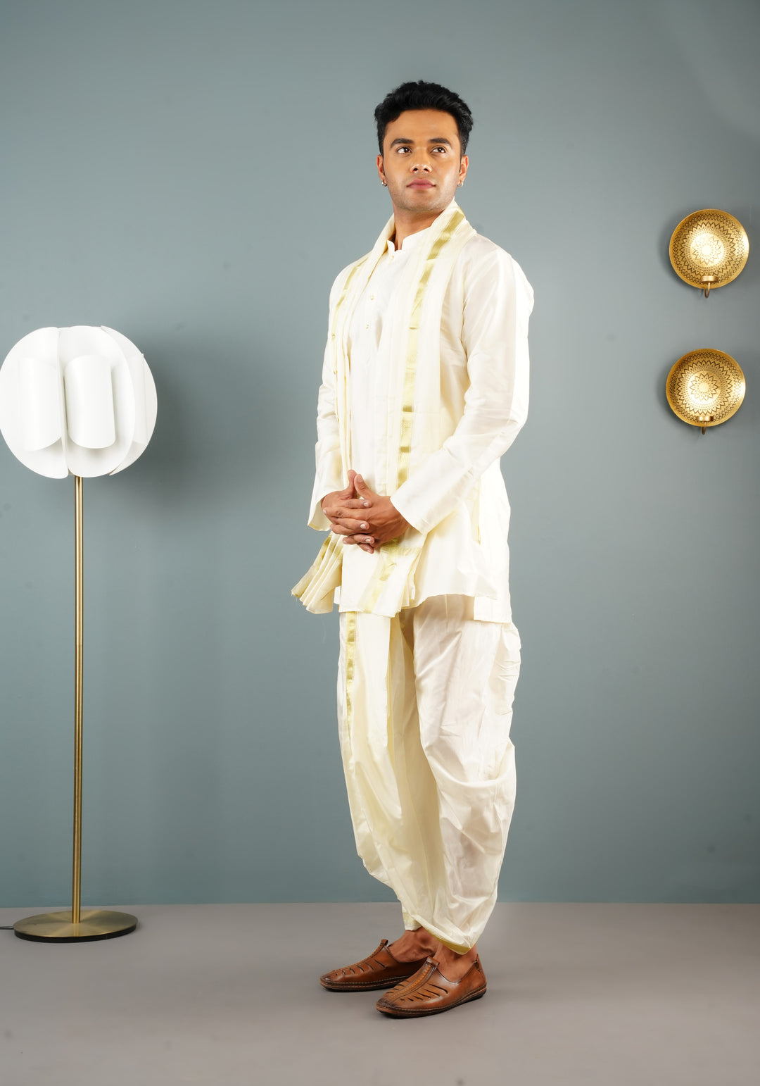 Stitched Dhoti, Short Kurta and Angavastram 3 piece set in Off White
