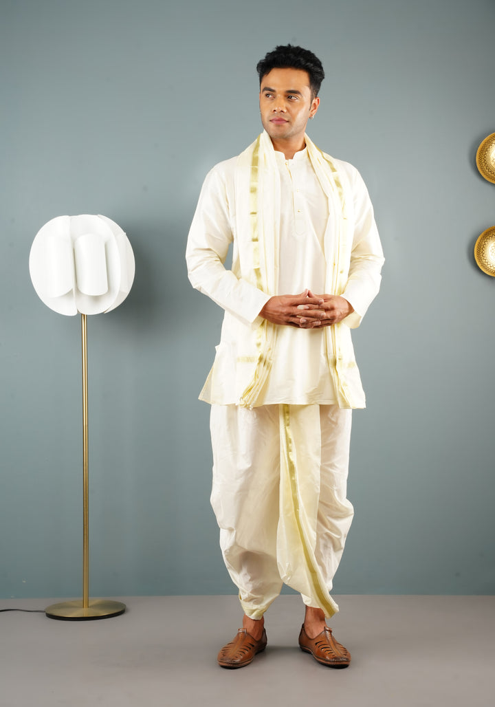 Stitched Dhoti, Short Kurta and Angavastram 3 piece set in Off White