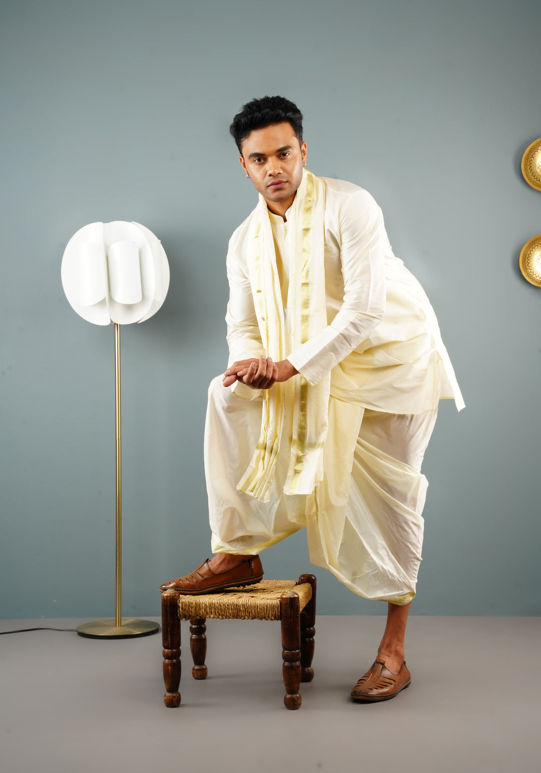 Stitched Dhoti, Short Kurta and Angavastram 3 piece set in Off White
