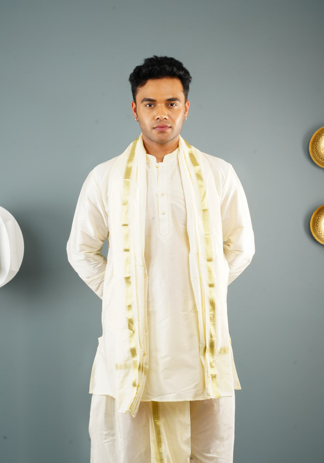 Stitched Dhoti, Short Kurta and Angavastram 3 piece set in Off White