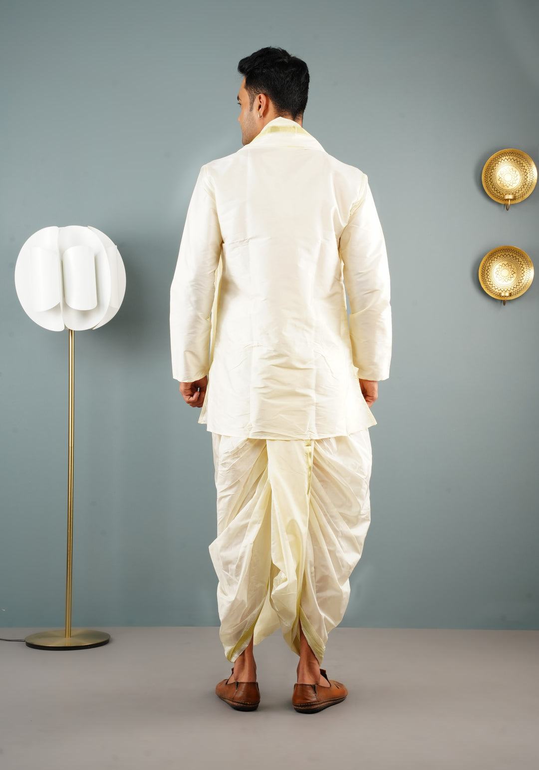 Stitched Dhoti, Short Kurta and Angavastram 3 piece set in Off White