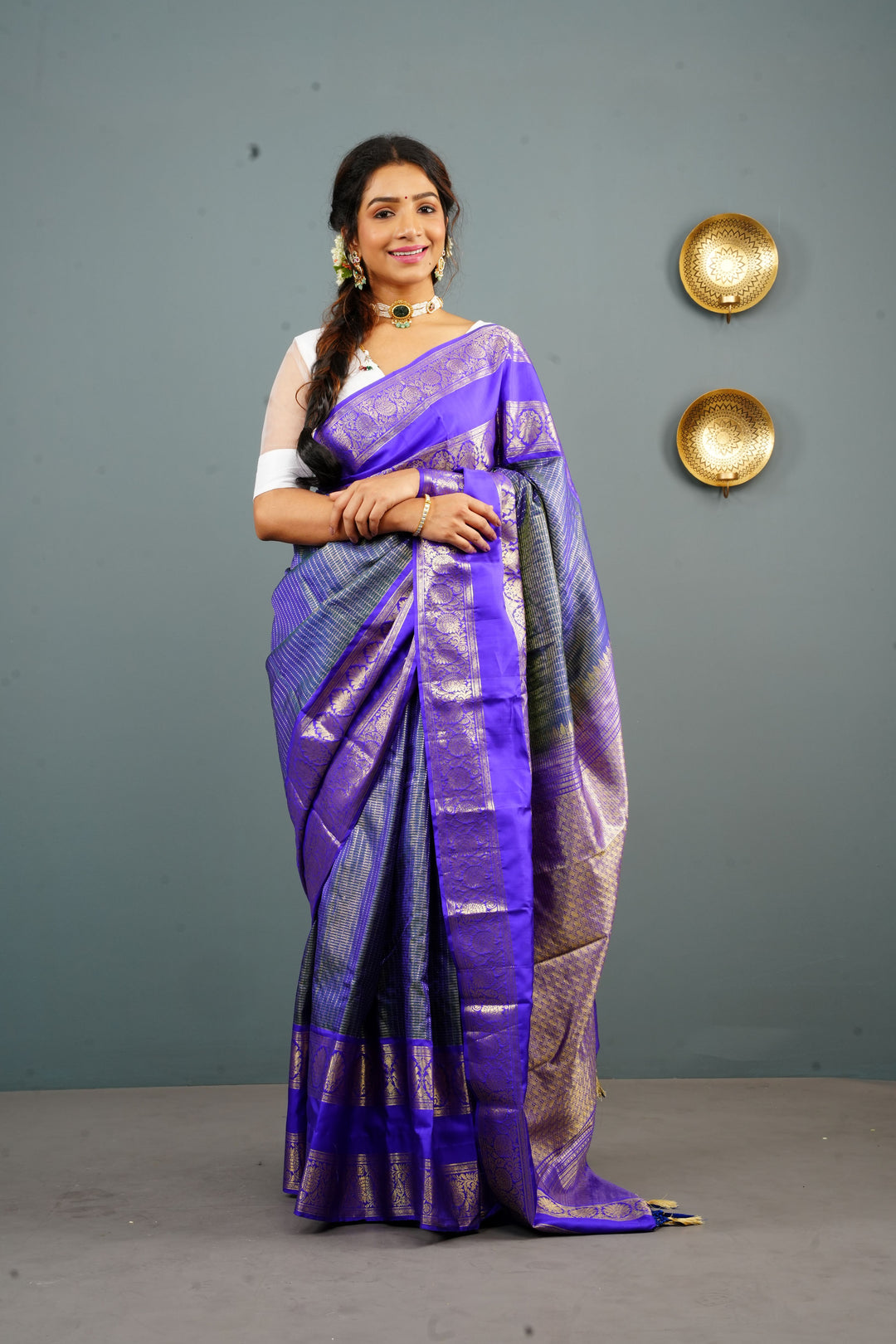 Exquisite Peacock Blue Dual Tone Zari Checks Kanjivaram Pure Silk saree with 2 Side Wide Border | SILK MARK CERTIFIED