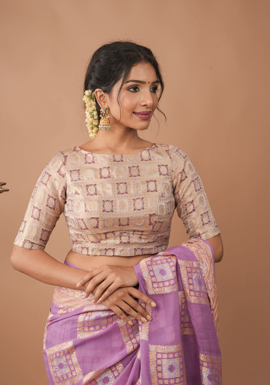 Lilac Patola Banarasi Brocade Blouse with Boat Neck and Back Step