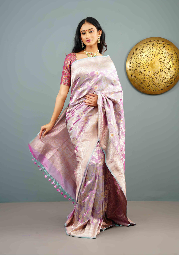 Lilac Dual Tone Katan Silk Saree with Meenakari Floral Jaal and Zari Border | SILK MARK CERTIFIED | Shobitam