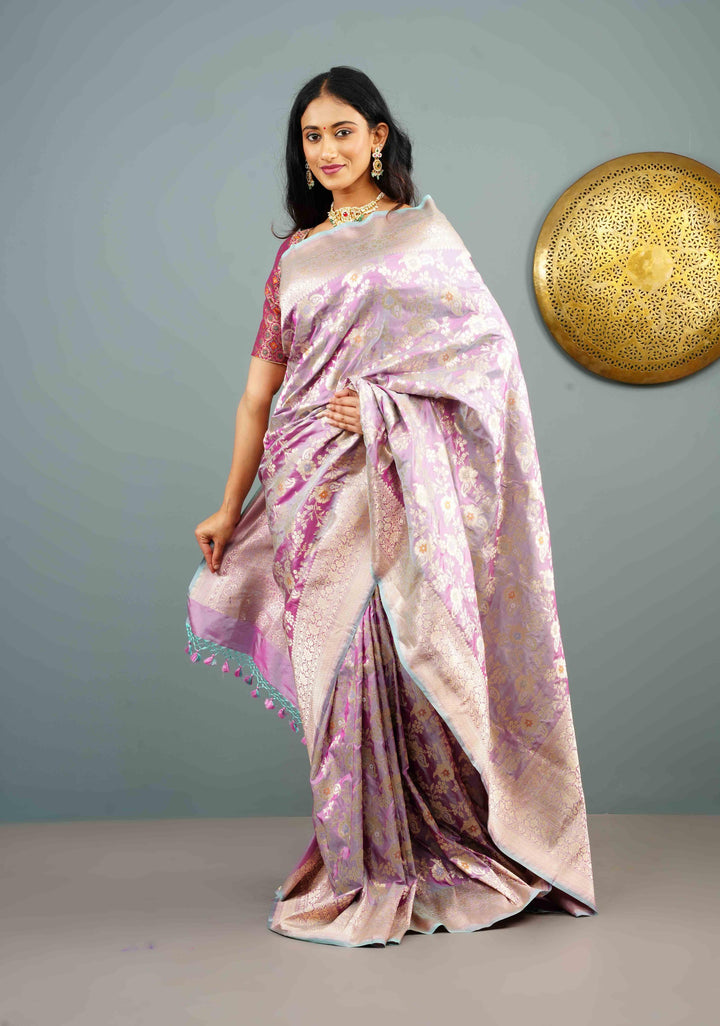 Lilac Dual Tone Katan Silk Saree with Meenakari Floral Jaal and Zari Border | SILK MARK CERTIFIED | Shobitam