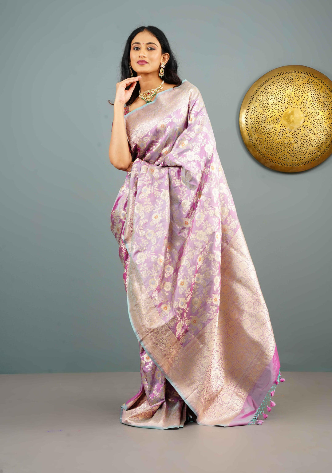 Lilac Dual Tone Katan Silk Saree with Meenakari Floral Jaal and Zari Border | SILK MARK CERTIFIED | Shobitam