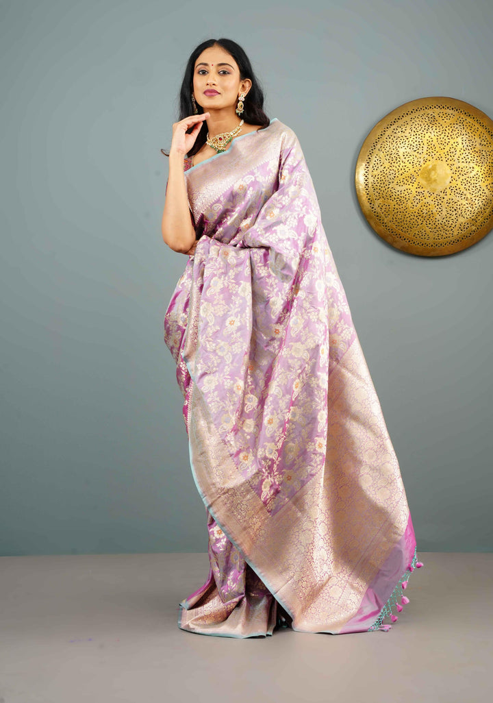 Lilac Dual Tone Katan Silk Saree with Meenakari Floral Jaal and Zari Border | SILK MARK CERTIFIED | Shobitam