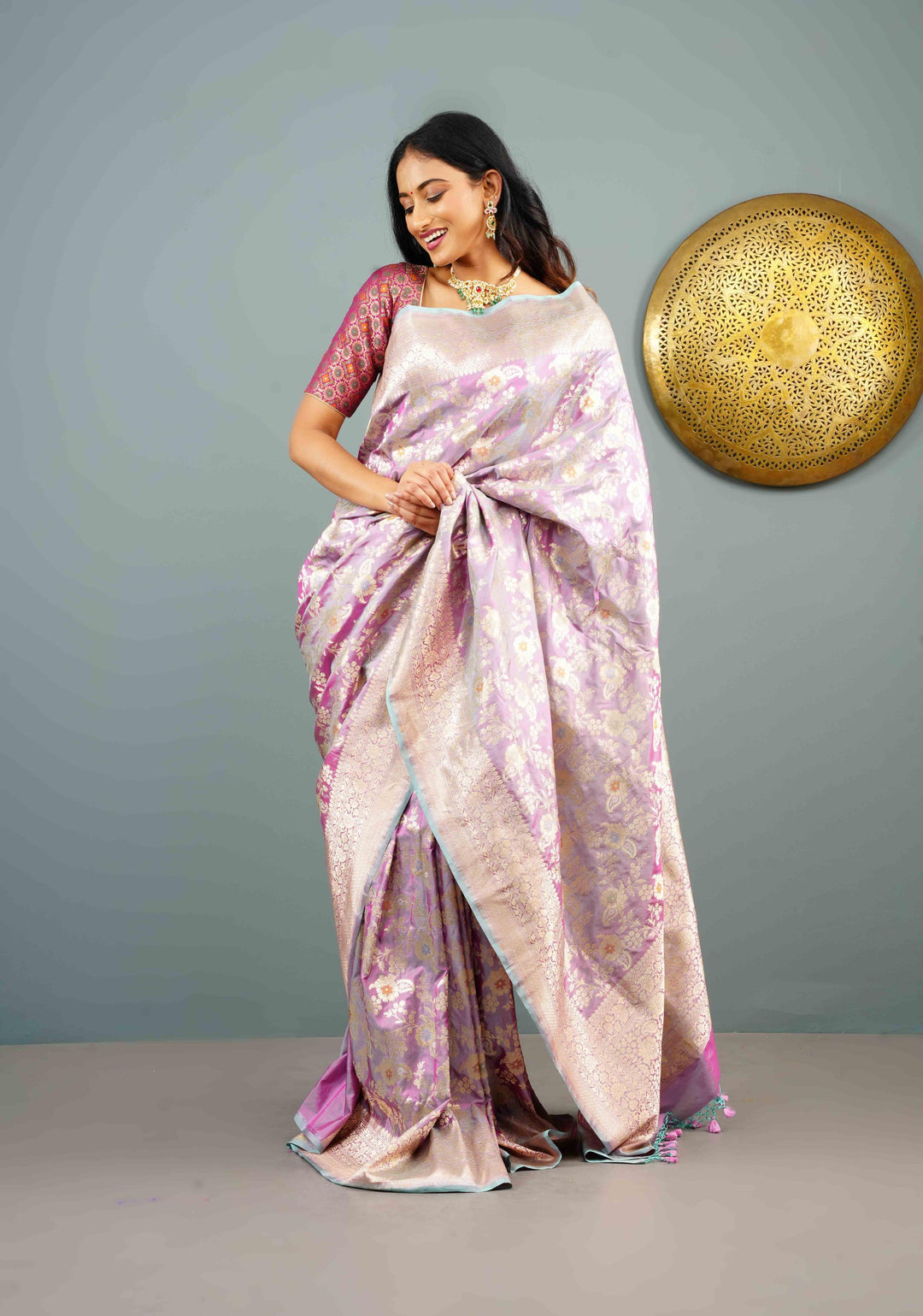 Lilac Dual Tone Katan Silk Saree with Meenakari Floral Jaal and Zari Border | SILK MARK CERTIFIED | Shobitam