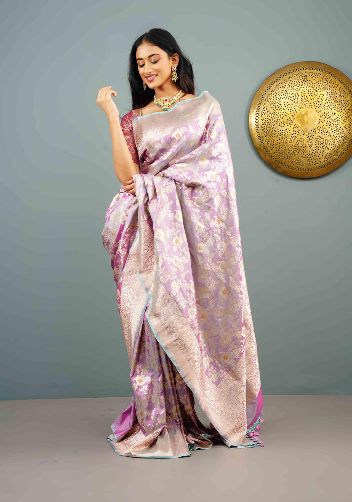 Lilac Dual Tone Katan Silk Saree with Meenakari Floral Jaal and Zari Border | SILK MARK CERTIFIED | Shobitam