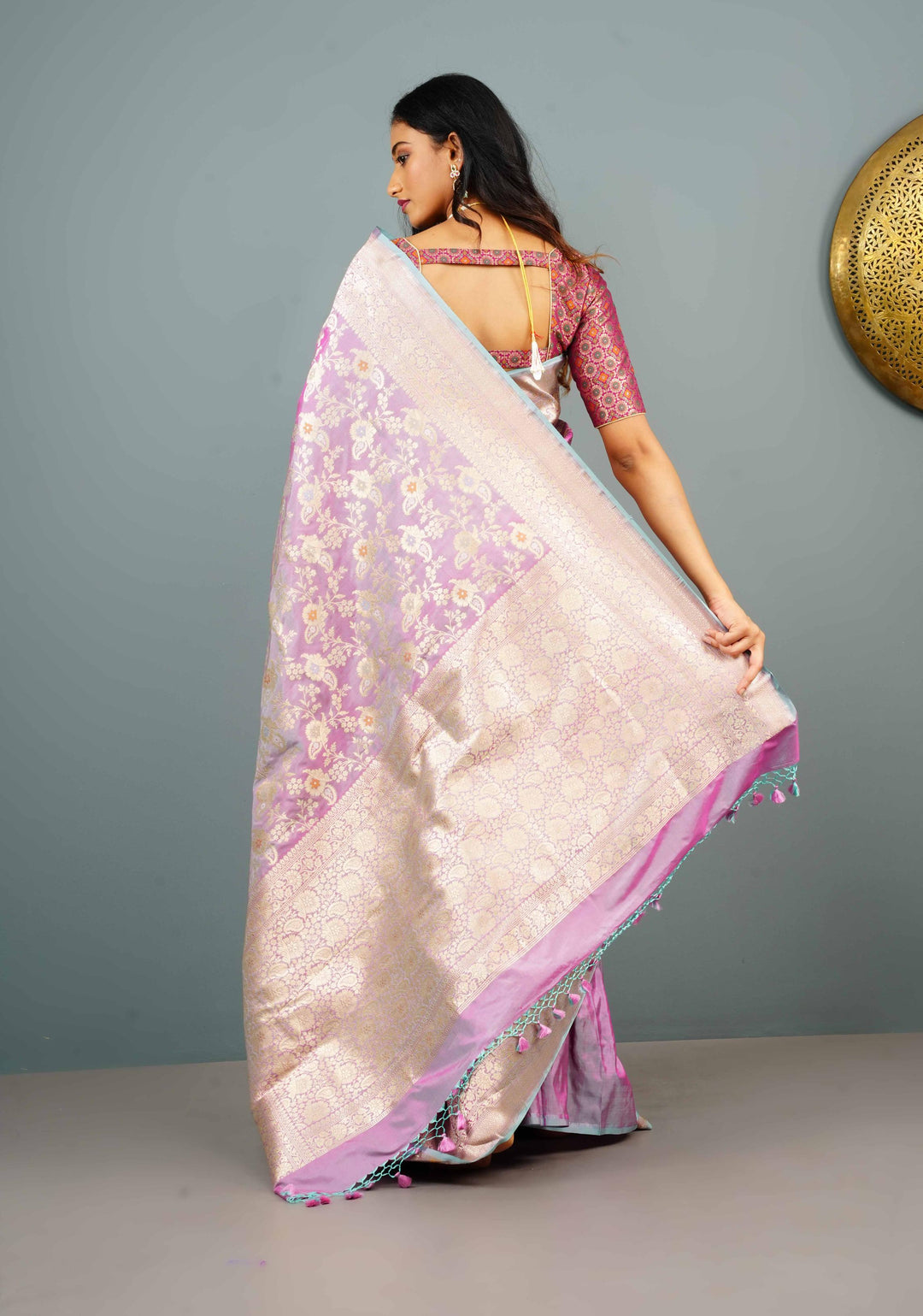 Lilac Dual Tone Katan Silk Saree with Meenakari Floral Jaal and Zari Border | SILK MARK CERTIFIED | Shobitam