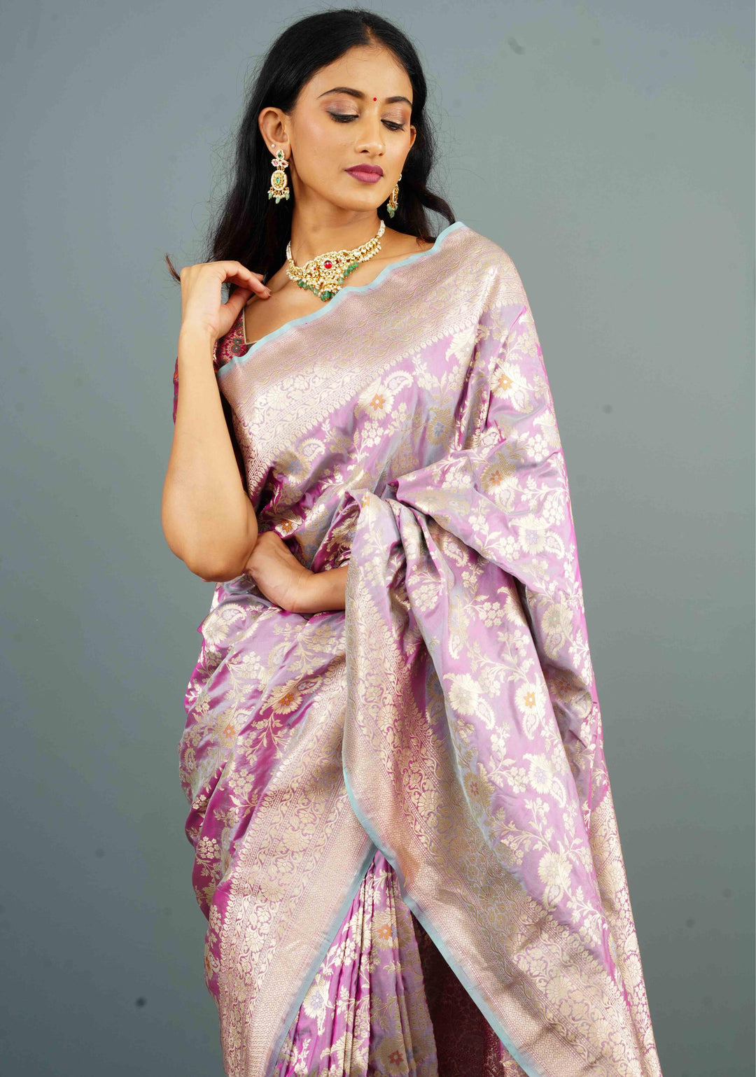 Lilac Dual Tone Katan Silk Saree with Meenakari Floral Jaal and Zari Border | SILK MARK CERTIFIED | Shobitam