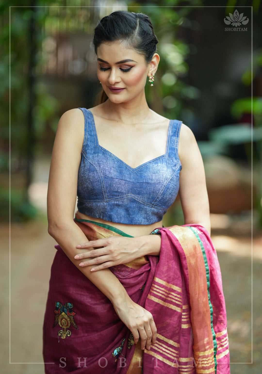 Denim Cotton Sleeveless Blouse for Saree with top stitch and