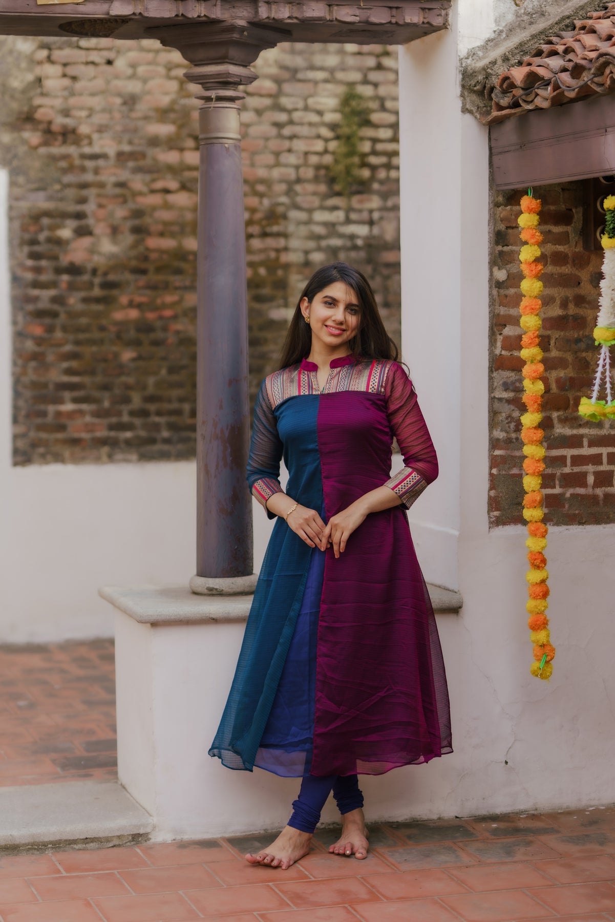Wine and Navy Slit Kurti, Leggings not included