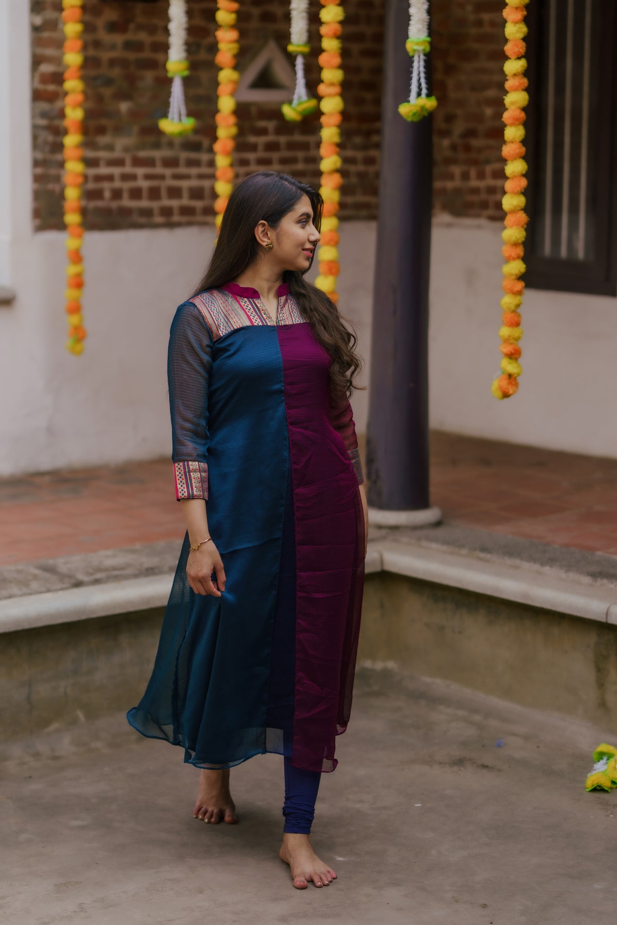 Wine and Navy Slit Kurti, Leggings not included