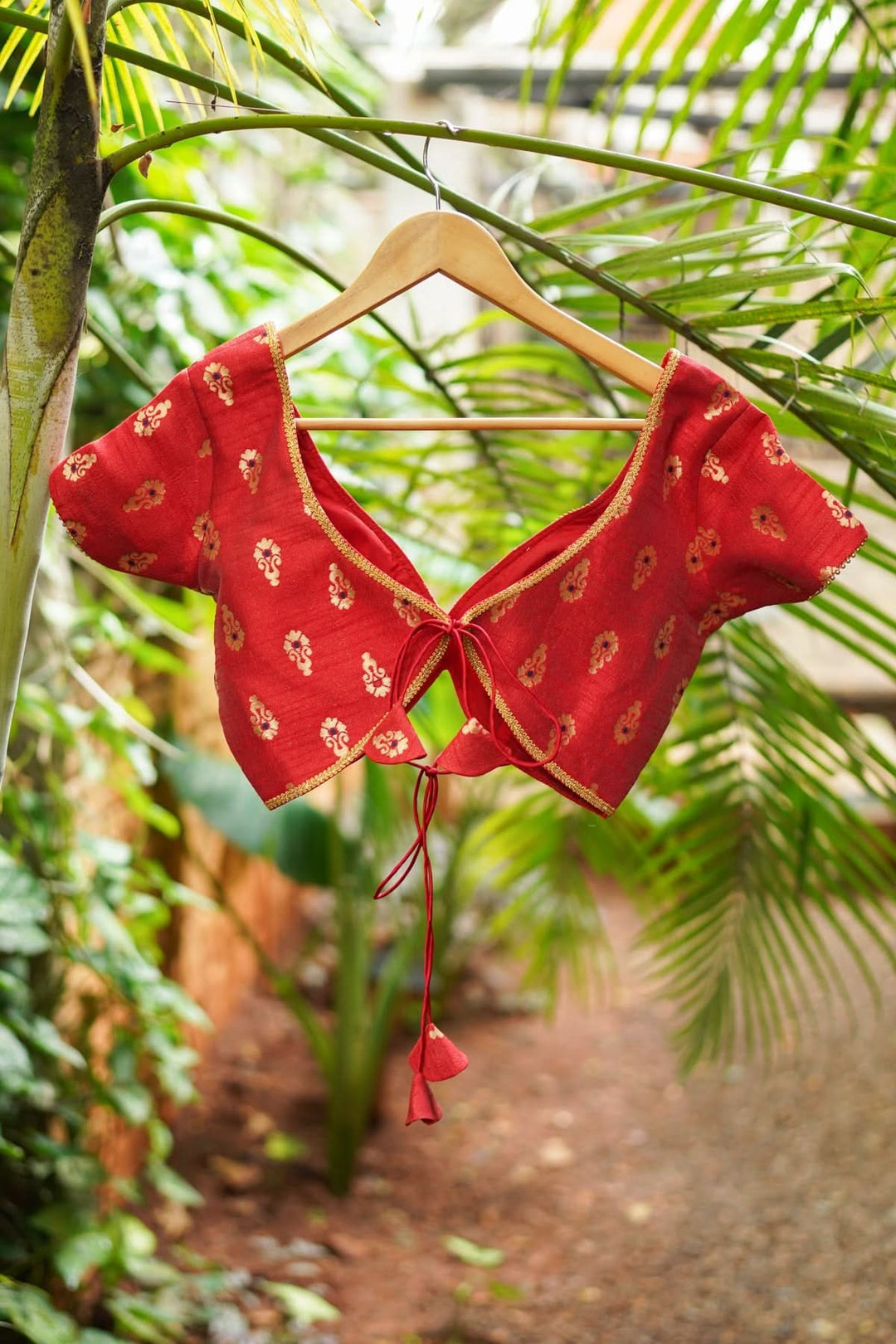 Deep V Neck Tie Back Blouse in Red with Gold Motifs! - Shobitam, image size:1080x1620