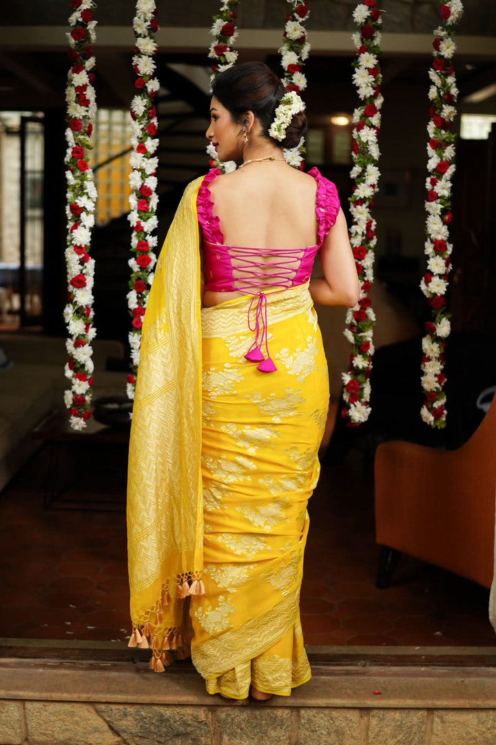 Pure Georgette Silk Banarasi Saree  in Yellow with Rose Jaal Weave in Silver Tone Zari | SILK MARK CERTIFIED
