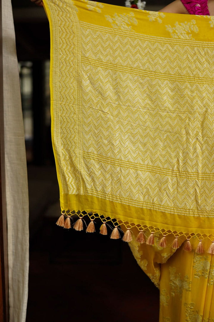 Pure Georgette Silk Banarasi Saree  in Yellow with Rose Jaal Weave in Silver Tone Zari | SILK MARK CERTIFIED