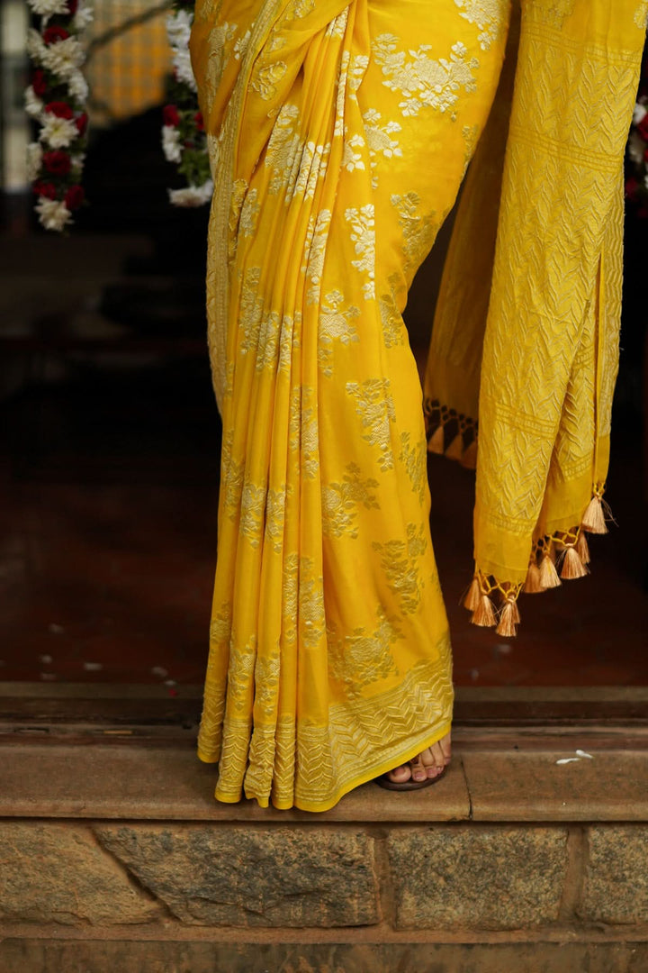 Pure Georgette Silk Banarasi Saree  in Yellow with Rose Jaal Weave in Silver Tone Zari | SILK MARK CERTIFIED