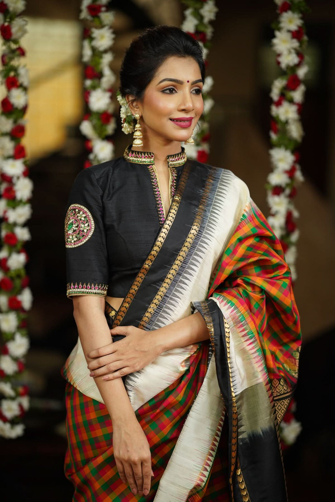 Black Raw Silk Blouse with Collar neck with Jadau Mandala