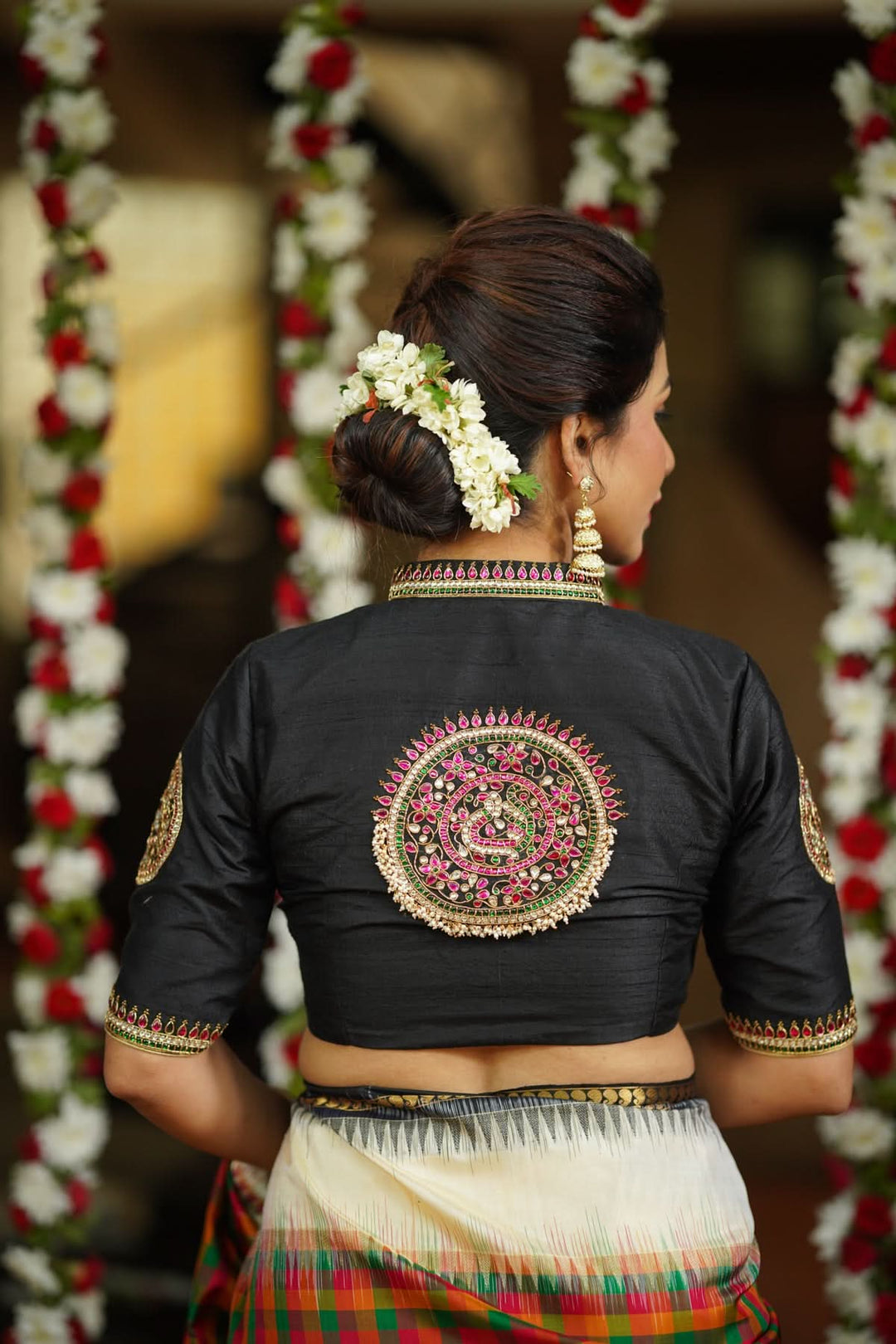 Black Raw Silk Blouse with Collar neck with Jadau Mandala