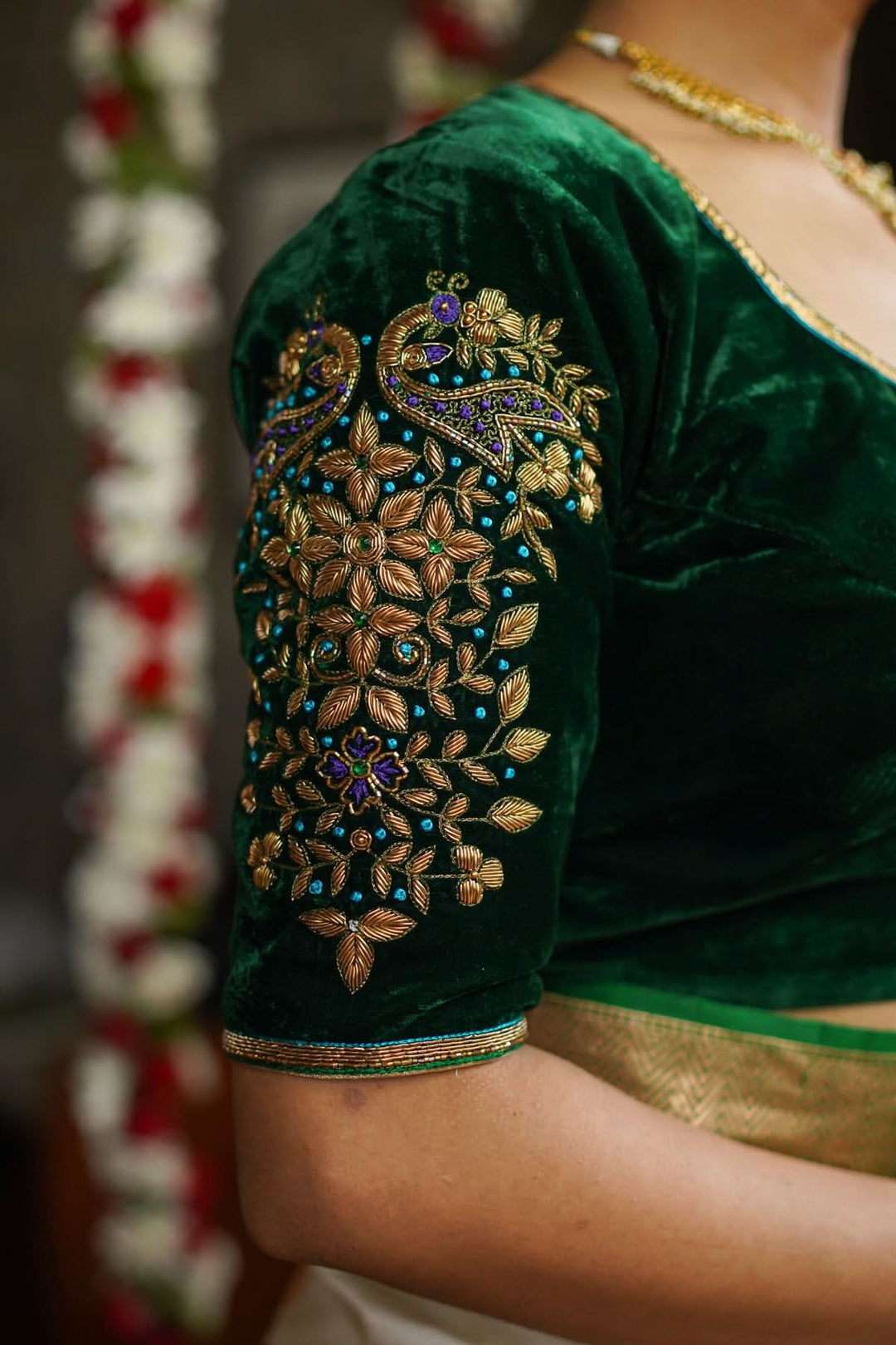Green Velvet Blouse with Zardosi Work Mix and Match Blouse for Saree, Made to Order 36, image size:1080x1620