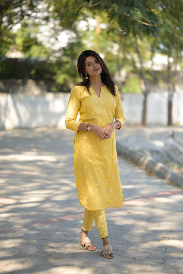 Daffodils Yellow Kurti and Pant 2 piece Set | Made To Order