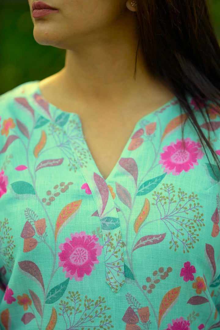 Seafoam Green Floral 2 Piece Jute Cotton Kurti Set | Made To Order