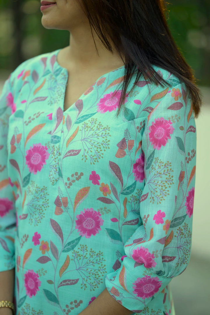 Seafoam Green Floral 2 Piece Jute Cotton Kurti Set | Made To Order
