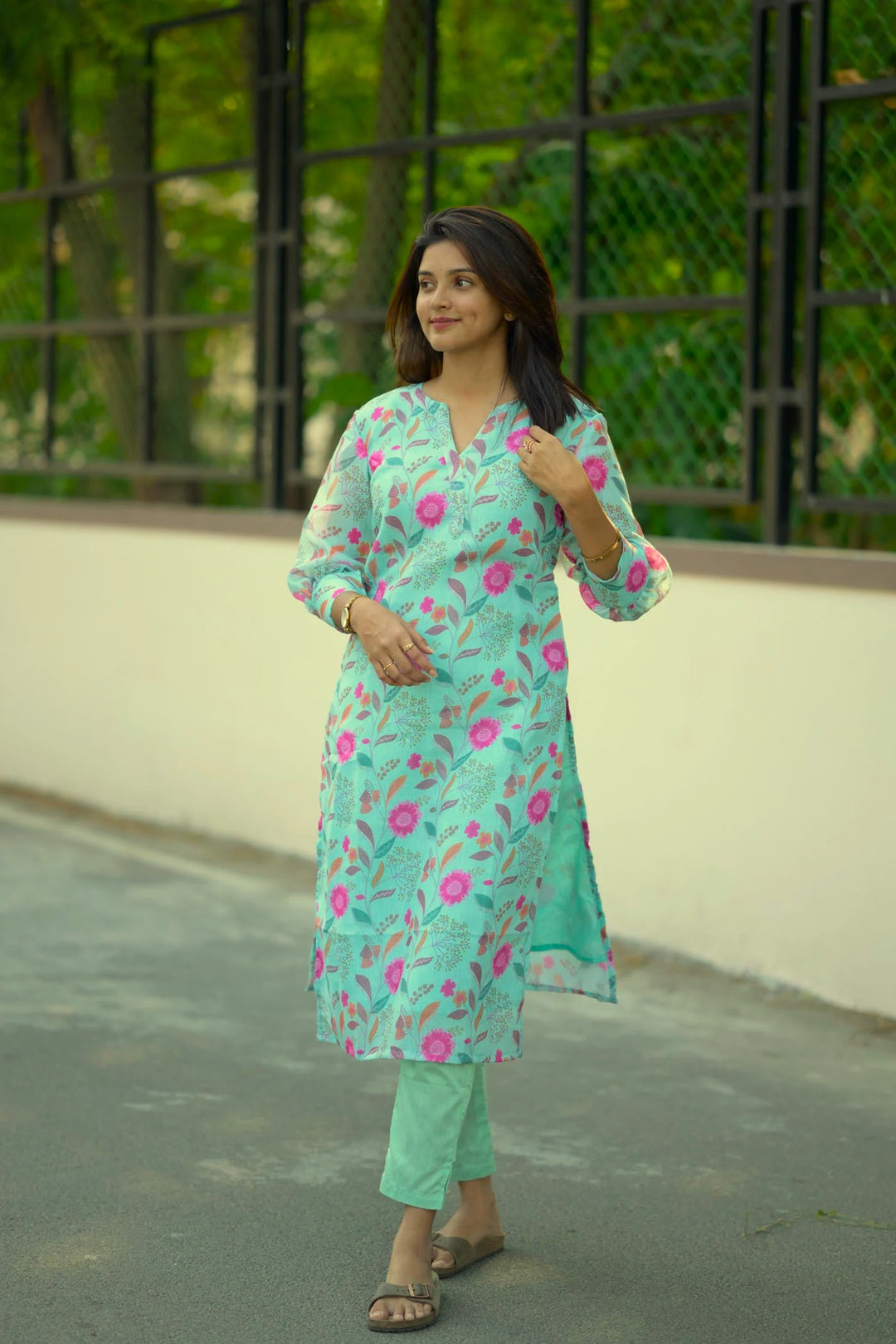Seafoam Green Floral 2 Piece Jute Cotton Kurti Set | Made To Order