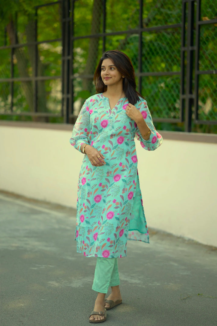 Seafoam Green Floral 2 Piece Jute Cotton Kurti Set | Made To Order