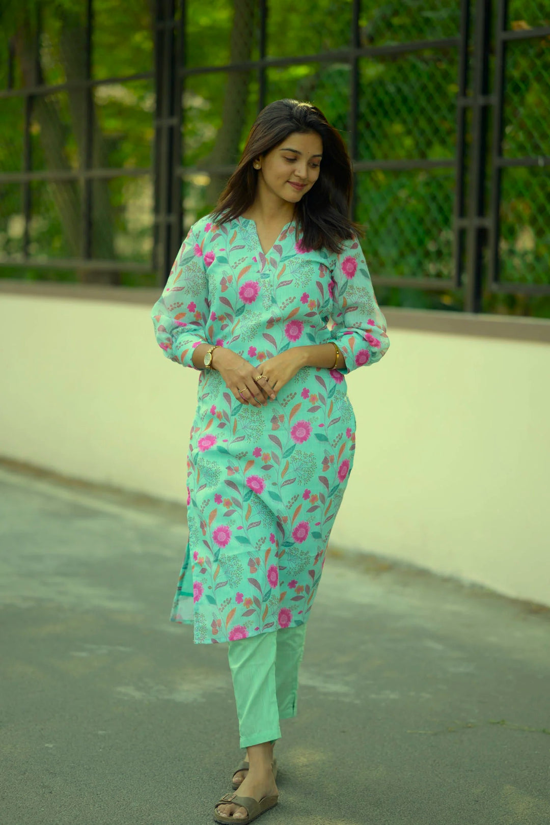Seafoam Green Floral 2 Piece Jute Cotton Kurti Set | Made To Order