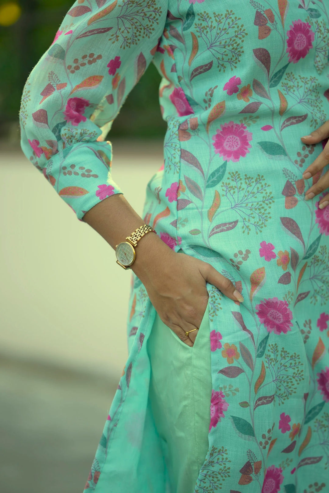 Seafoam Green Floral 2 Piece Jute Cotton Kurti Set | Made To Order