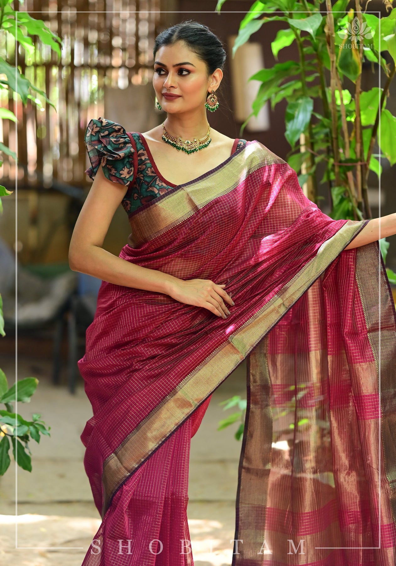 Dark Turquoise & Zari Cotton Silk Maheshwari Saree