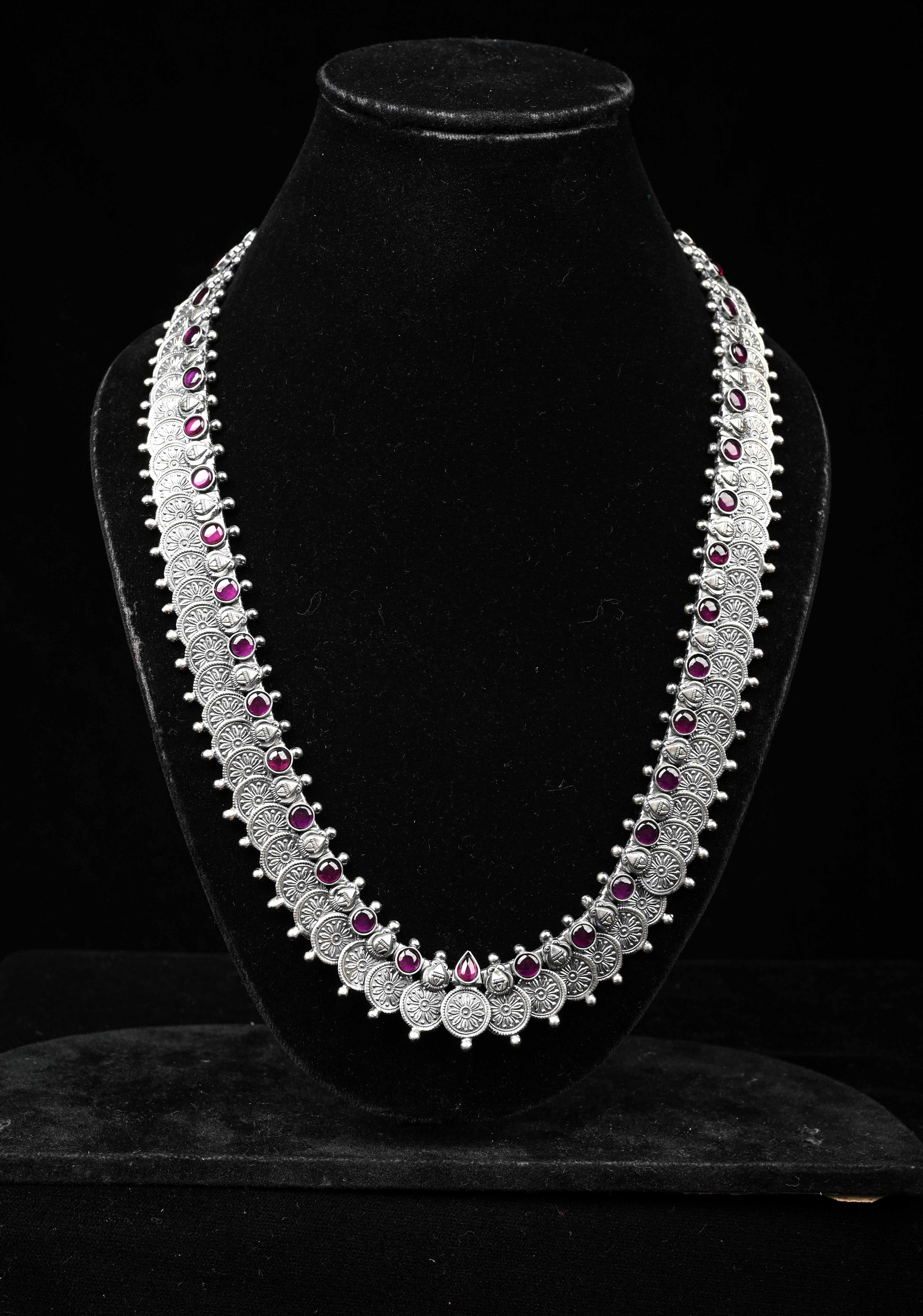 Silver Oxidized Kaasu Mala Coin Necklace with Pink Stone