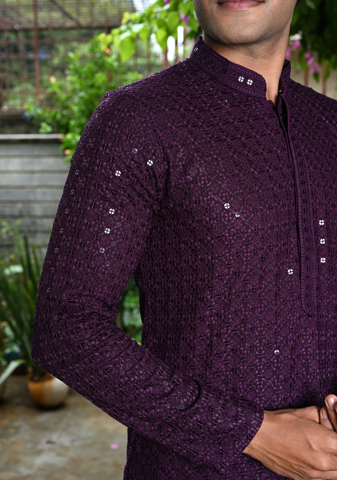 Plum Chikankari Kurta with Sequins and Pajama Set for Men | Made to Order