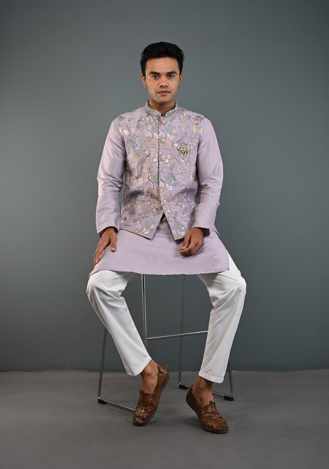 Dusty Lavender Kurta with Floral and Elephant Embroidery Pajama Set for Men | Made to Order