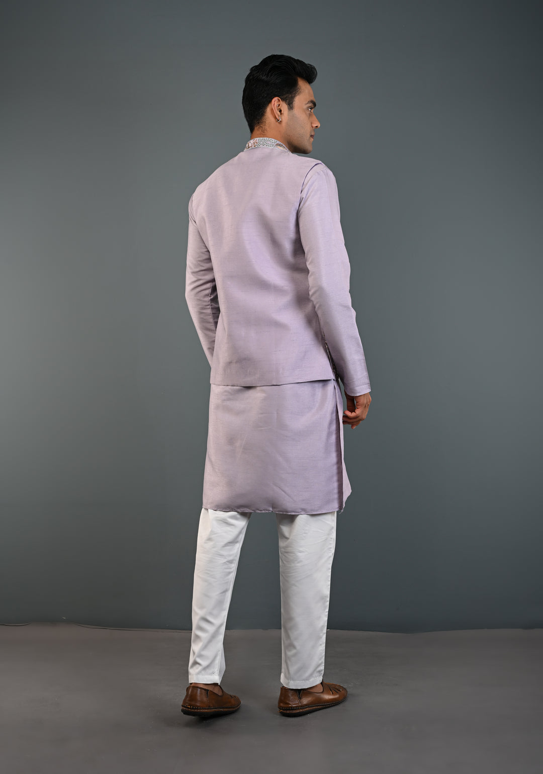 Dusty Lavender Kurta with Floral and Elephant Embroidery Pajama Set for Men | Made to Order