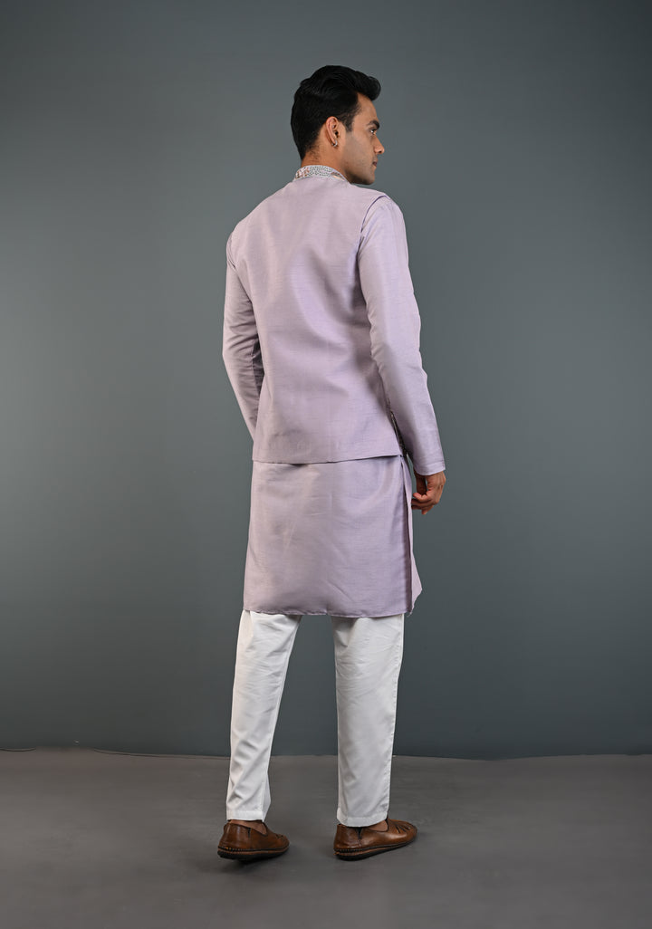 Dusty Lavender Kurta with Floral and Elephant Embroidery Pajama Set for Men | Made to Order