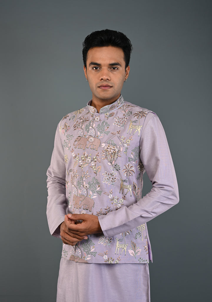 Dusty Lavender Kurta with Floral and Elephant Embroidery Pajama Set for Men | Made to Order