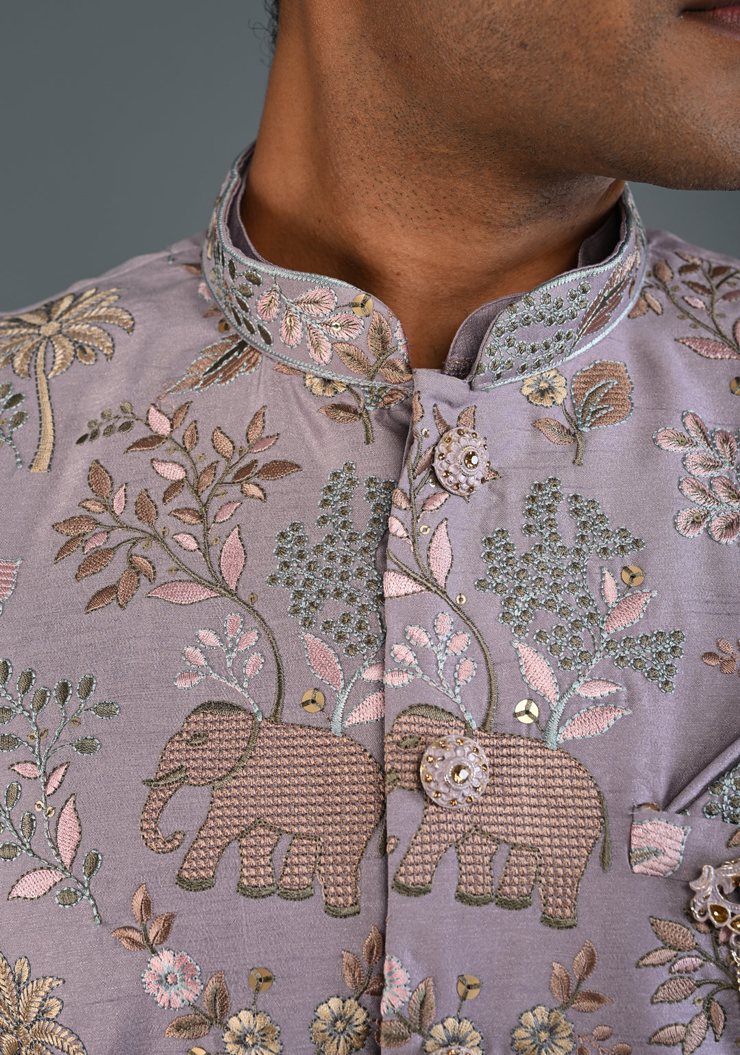 Dusty Lavender Kurta with Floral and Elephant Embroidery Pajama Set for Men | Made to Order