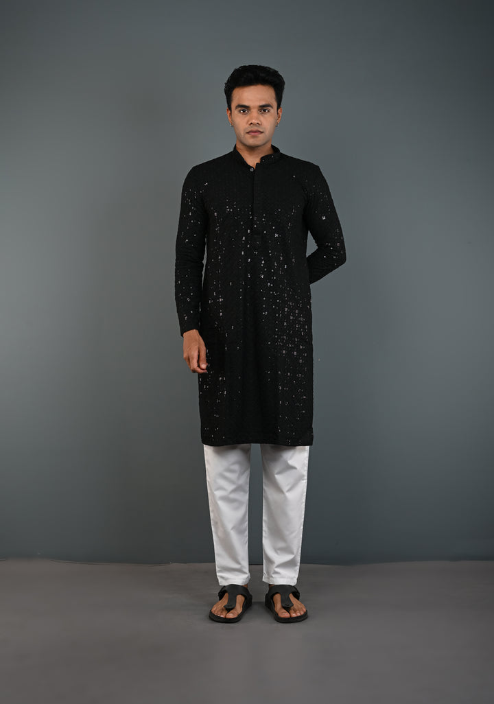 Black Chikankari Kurta with Sequins and Pajama Set for Men | Made to Order