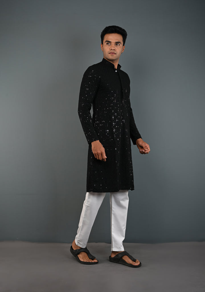 Black Chikankari Kurta with Sequins and Pajama Set for Men | Made to Order