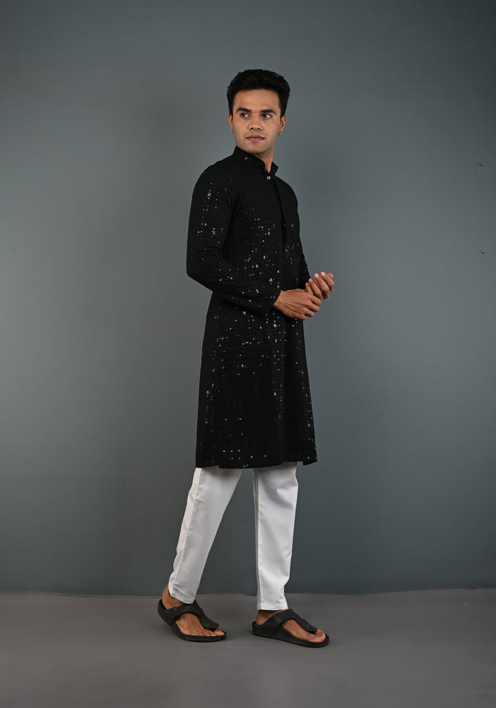 Black Chikankari Kurta with Sequins and Pajama Set for Men | Made to Order
